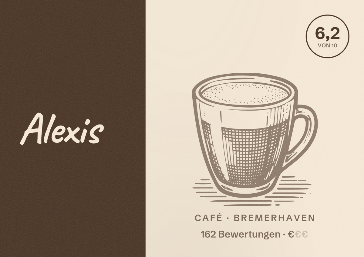 Illustriertes Poster von Alexis, Café in Bremerhaven: Bewertung 6,2 von 10 aus 162 Bewertungen, Preisniveau €