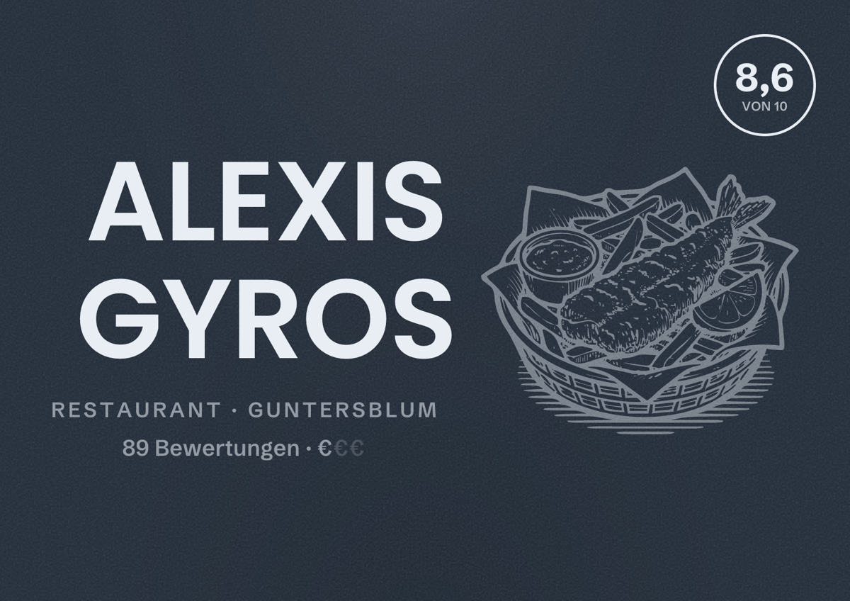 Illustriertes Poster von ALEXIS GYROS, Restaurant in Guntersblum: Bewertung 8,6 von 10 aus 89 Bewertungen, Preisniveau €