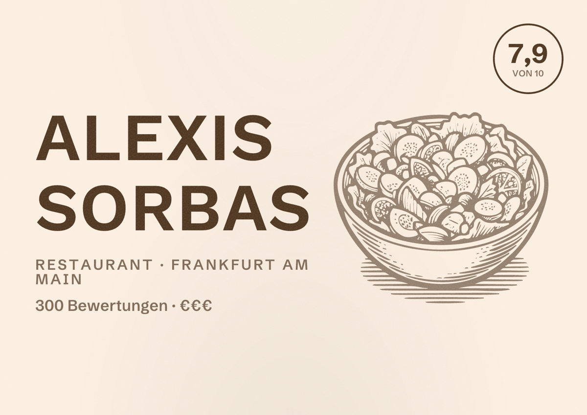 Illustriertes Poster von Alexis Sorbas, Restaurant in Frankfurt am Main: Bewertung 7,9 von 10 aus 300 Bewertungen, Preisniveau €€€