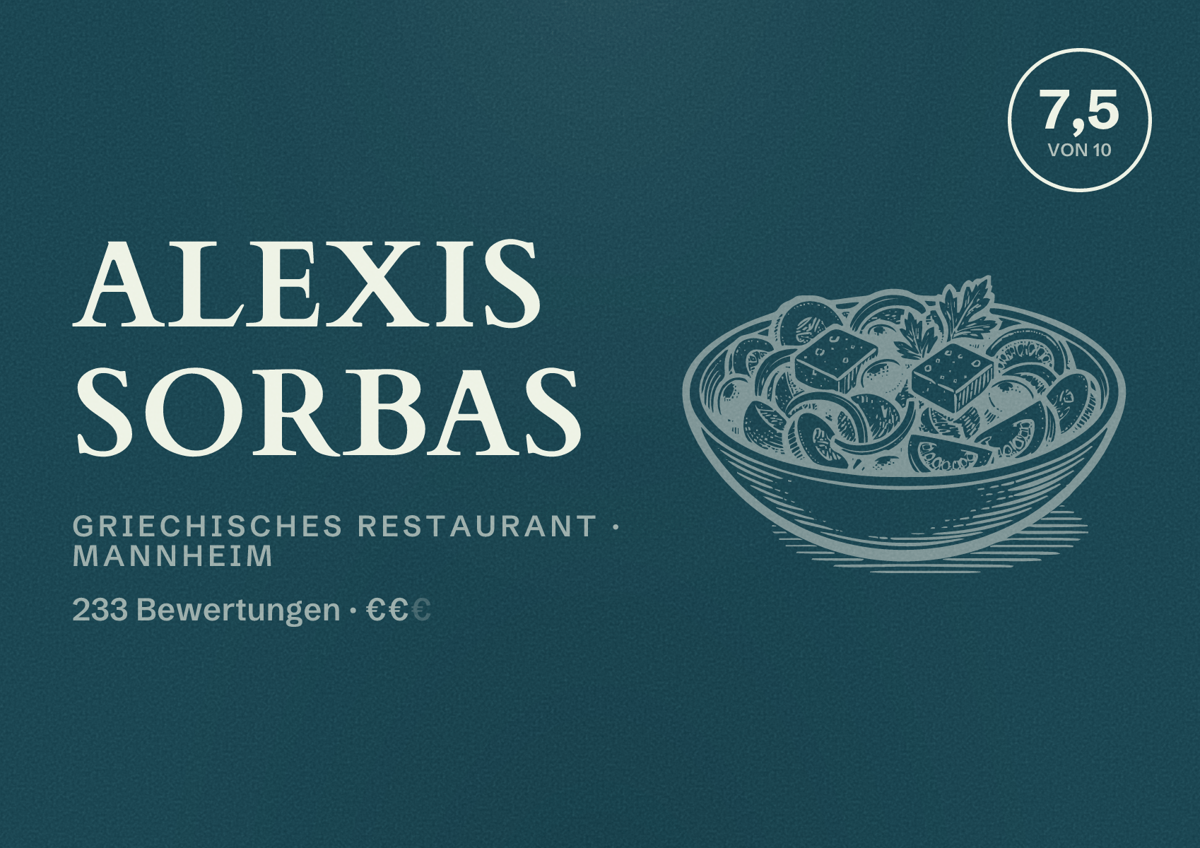 Illustriertes Poster von Alexis Sorbas, Griechisches Restaurant in Mannheim: Bewertung 7,5 von 10 aus 233 Bewertungen, Preisniveau €€