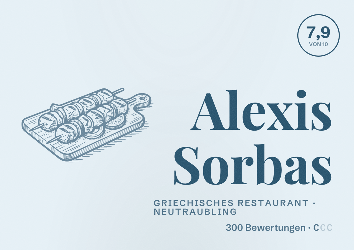 Illustriertes Poster von Alexis Sorbas, Griechisches Restaurant in Neutraubling: Bewertung 7,9 von 10 aus 300 Bewertungen, Preisniveau €
