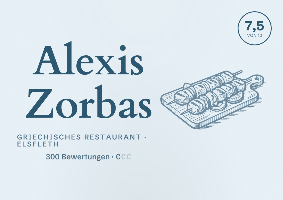 Illustriertes Poster von Alexis Zorbas, Griechisches Restaurant in Elsfleth: Bewertung 7,5 von 10 aus 300 Bewertungen, Preisniveau €