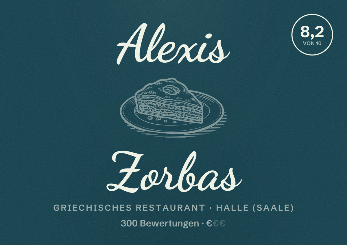 Illustriertes Poster von Alexis Zorbas, Griechisches Restaurant in Halle (Saale): Bewertung 8,2 von 10 aus 300 Bewertungen, Preisniveau €