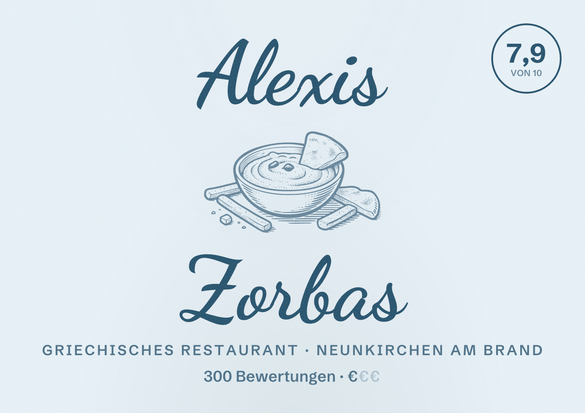 Illustriertes Poster von Alexis Zorbas, Griechisches Restaurant in Neunkirchen am Brand: Bewertung 7,9 von 10 aus 300 Bewertungen, Preisniveau €