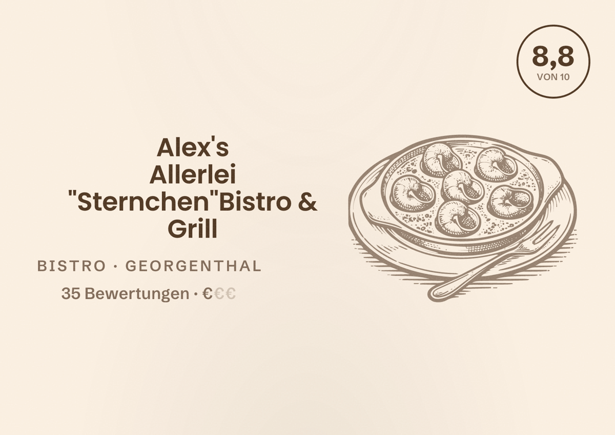 Illustriertes Poster von Alex's Allerlei "Sternchen"Bistro & Grill, Bistro in Georgenthal: Bewertung 8,8 von 10 aus 35 Bewertungen, Preisniveau €