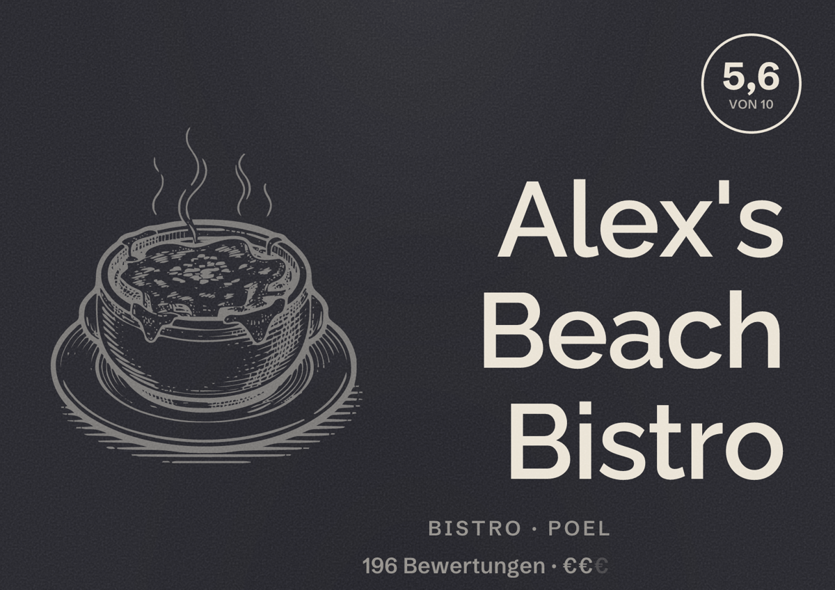 Illustriertes Poster von Alex's Beach Bistro, Bistro in Poel: Bewertung 5,6 von 10 aus 196 Bewertungen, Preisniveau €€