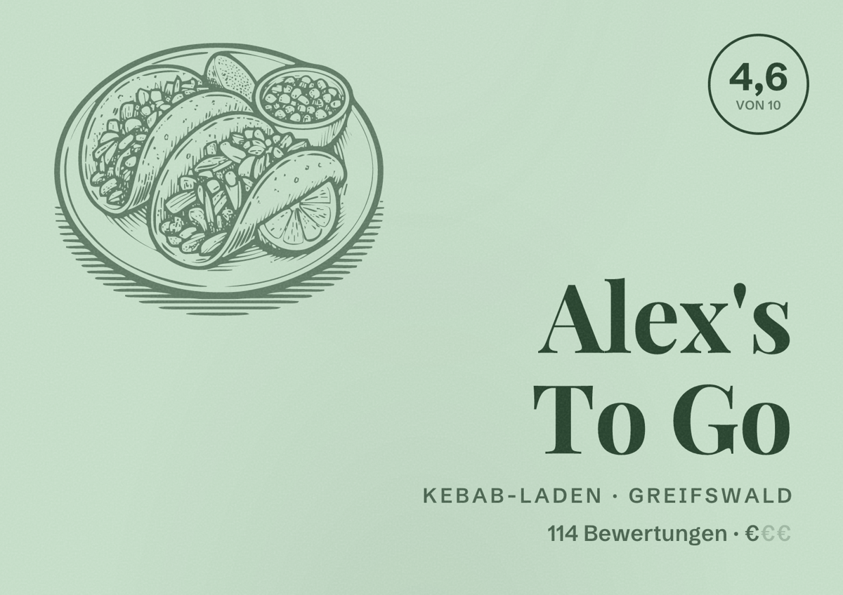 Illustriertes Poster von Alex's To Go, Kebab-Laden in Greifswald: Bewertung 4,6 von 10 aus 114 Bewertungen, Preisniveau €