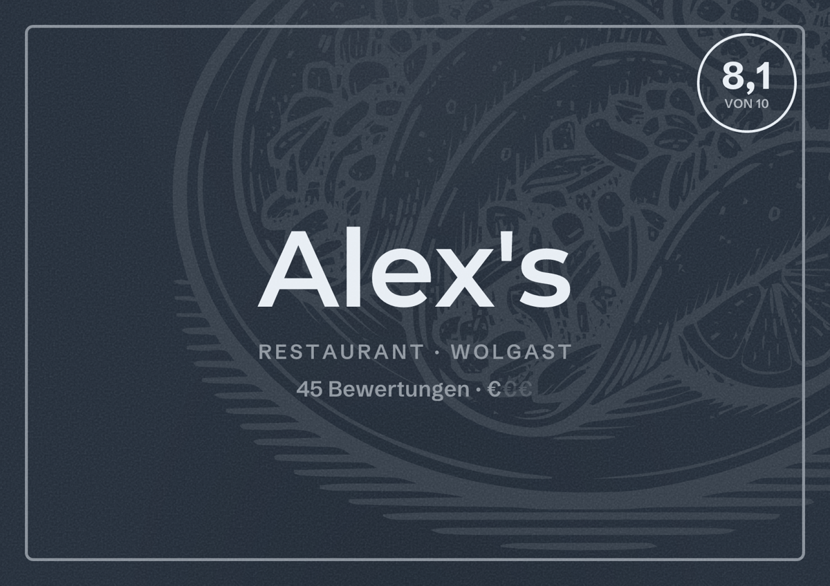 Illustriertes Poster von Alex's, Restaurant in Wolgast: Bewertung 8,1 von 10 aus 45 Bewertungen, Preisniveau €