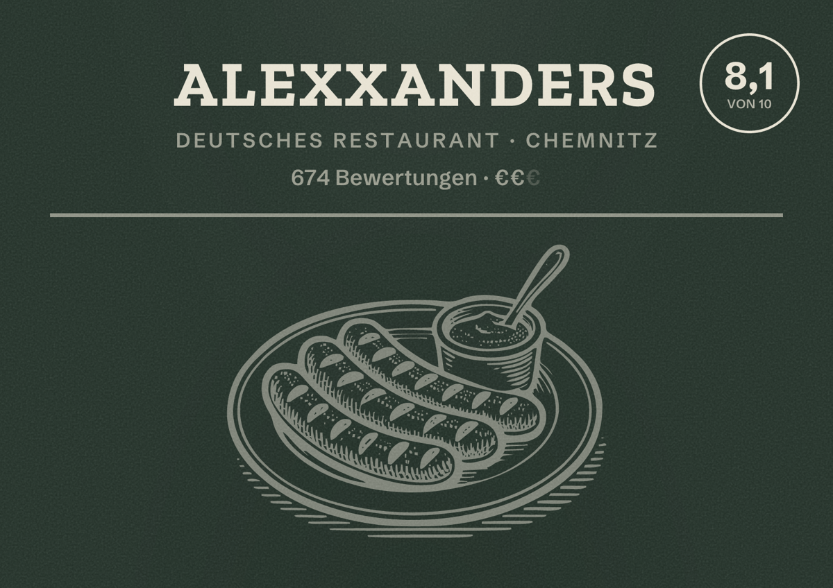 Illustriertes Poster von alexxanders, Deutsches Restaurant in Chemnitz: Bewertung 8,1 von 10 aus 674 Bewertungen, Preisniveau €€