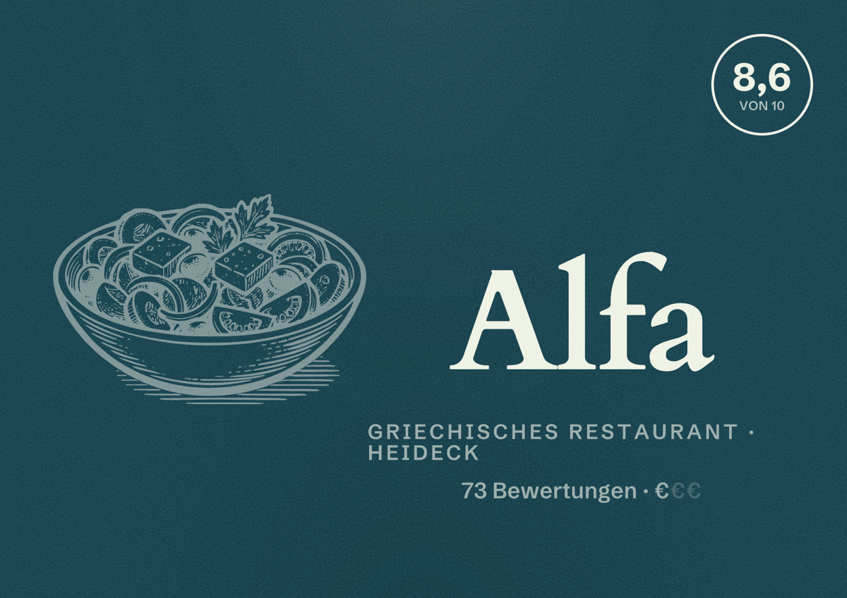 Illustriertes Poster von Alfa, Griechisches Restaurant in Heideck: Bewertung 8,6 von 10 aus 73 Bewertungen, Preisniveau €