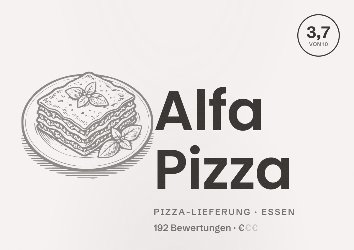Illustriertes Poster von Alfa Pizza, Pizza-Lieferung in Essen: Bewertung 3,7 von 10 aus 192 Bewertungen, Preisniveau €
