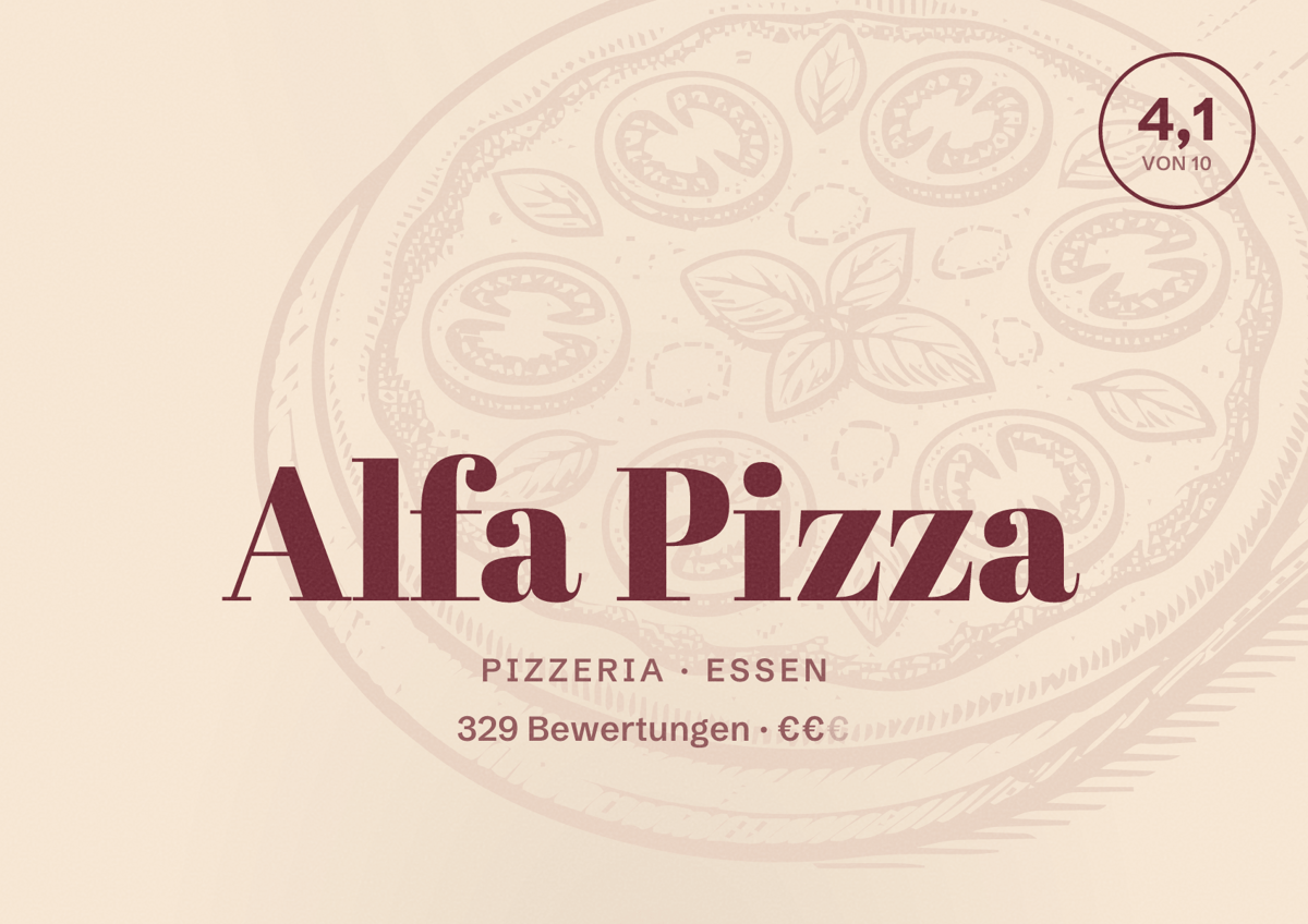 Illustriertes Poster von Alfa Pizza, Pizzeria in Essen: Bewertung 4,1 von 10 aus 329 Bewertungen, Preisniveau €€