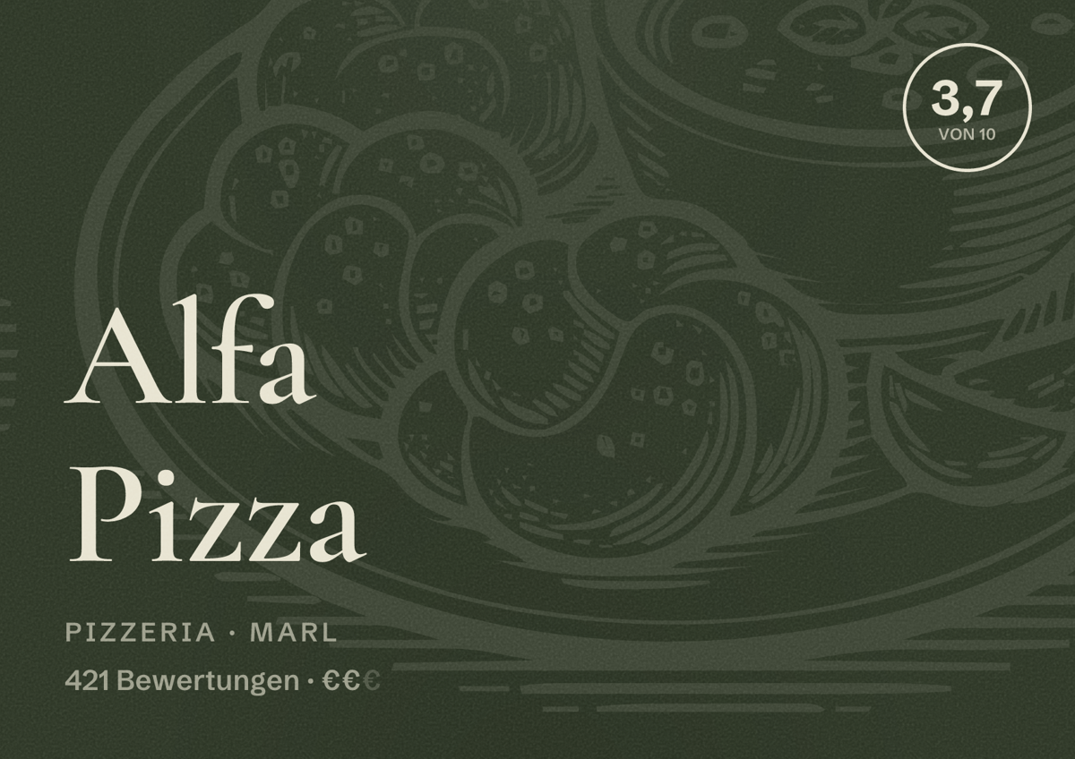 Illustriertes Poster von Alfa Pizza, Pizzeria in Marl: Bewertung 3,7 von 10 aus 421 Bewertungen, Preisniveau €€