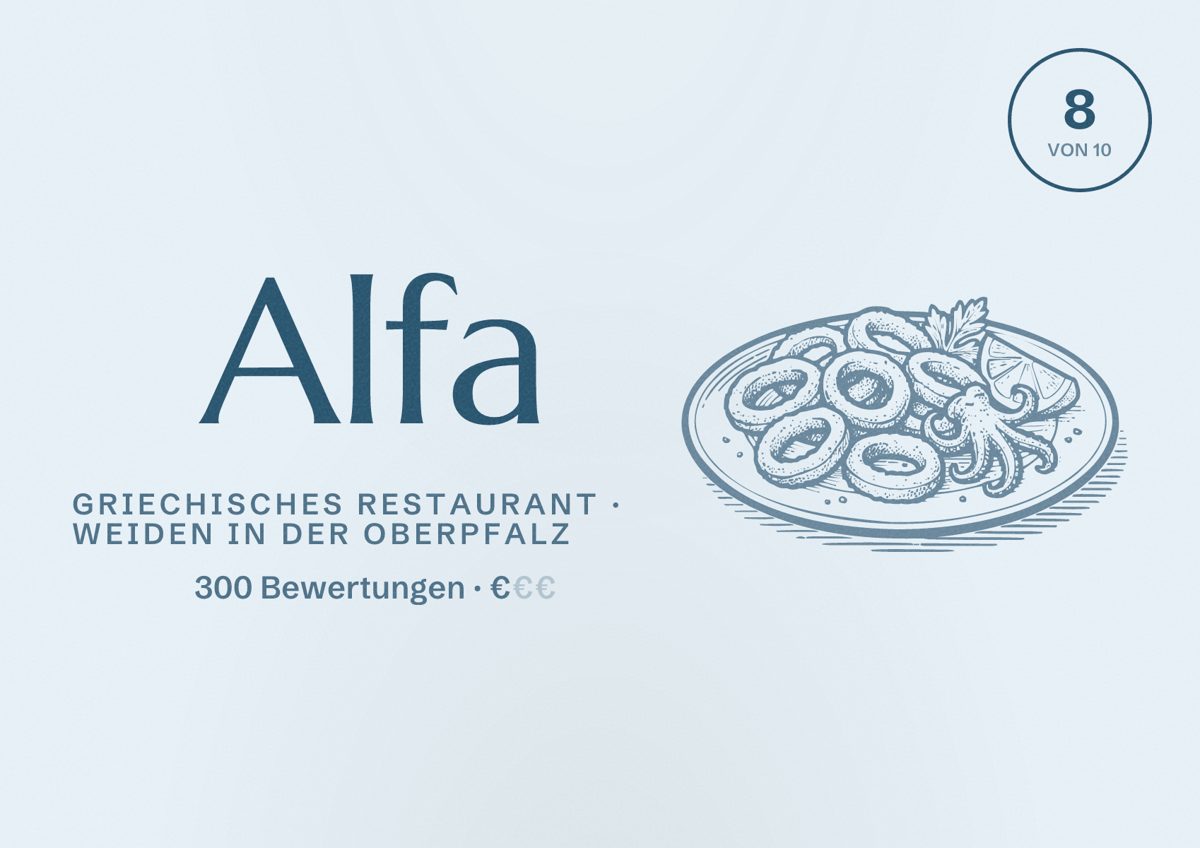 Illustriertes Poster von Alfa, Griechisches Restaurant in Weiden in der Oberpfalz: Bewertung 8 von 10 aus 300 Bewertungen, Preisniveau €