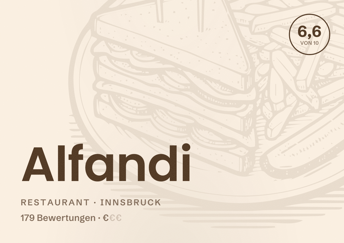 Illustriertes Poster von Alfandi, Restaurant in Innsbruck: Bewertung 6,6 von 10 aus 179 Bewertungen, Preisniveau €