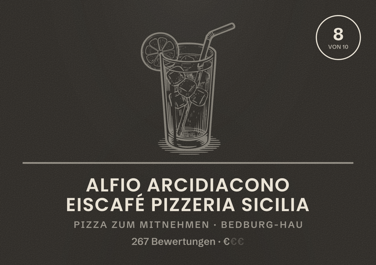 Illustriertes Poster von Alfio Arcidiacono Eiscafé Pizzeria Sicilia, Pizza zum Mitnehmen in Bedburg-Hau: Bewertung 8 von 10 aus 267 Bewertungen, Preisniveau €