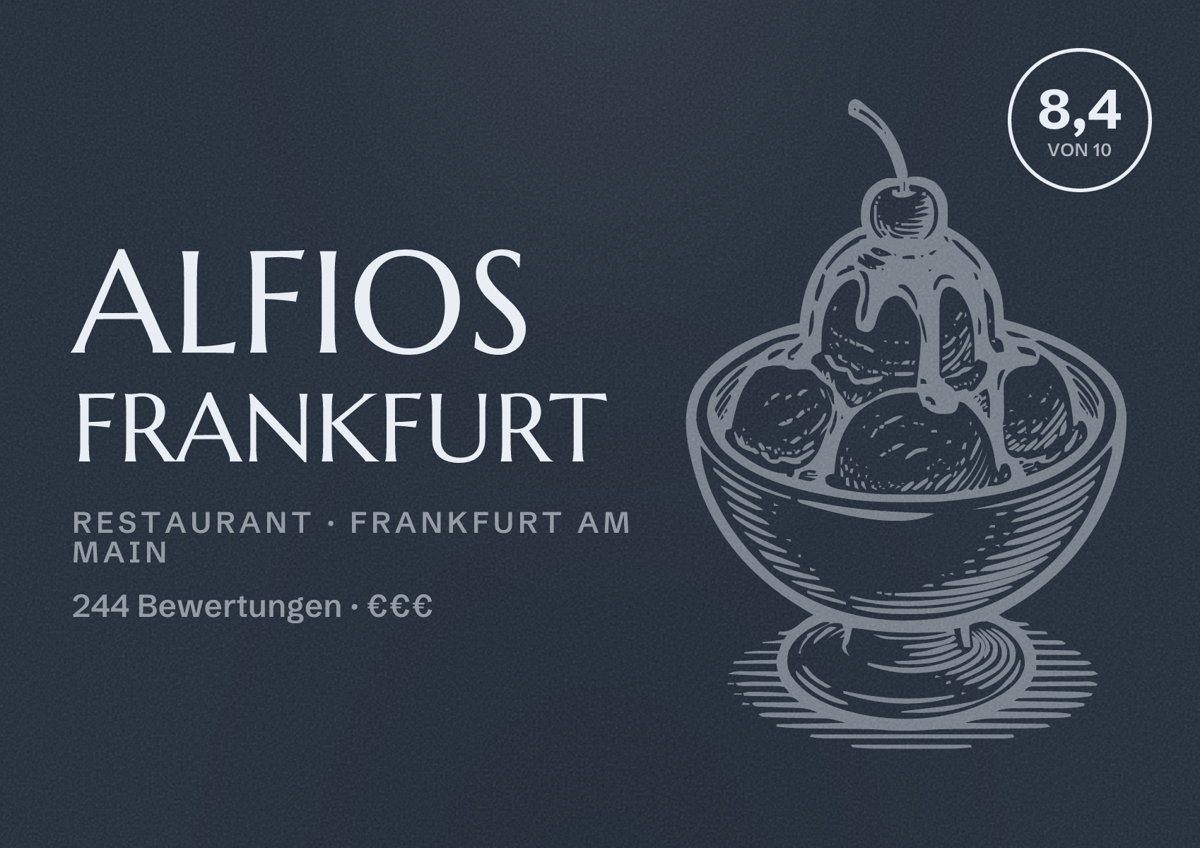 Illustriertes Poster von Alfios Frankfurt, Restaurant in Frankfurt am Main: Bewertung 8,4 von 10 aus 244 Bewertungen, Preisniveau €€€