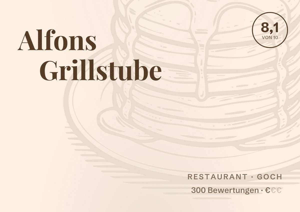 Illustriertes Poster von Alfons Grillstube, Restaurant in Goch: Bewertung 8,1 von 10 aus 300 Bewertungen, Preisniveau €