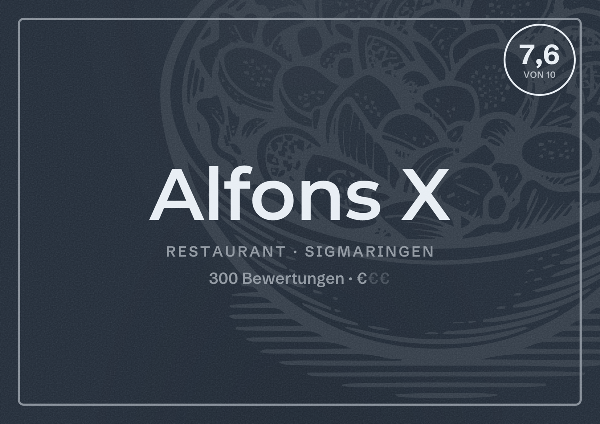 Illustriertes Poster von Alfons X, Restaurant in Sigmaringen: Bewertung 7,6 von 10 aus 300 Bewertungen, Preisniveau €