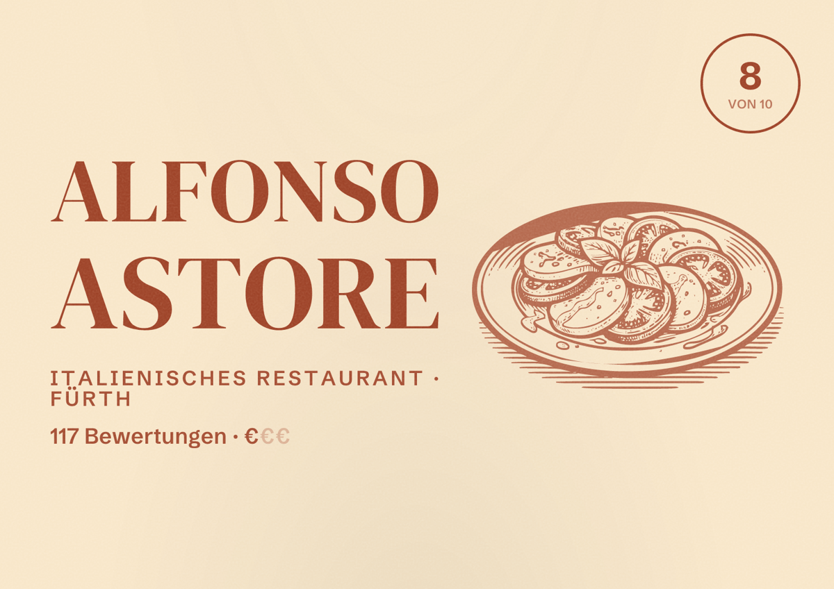 Illustriertes Poster von Alfonso Astore, Italienisches Restaurant in Fürth: Bewertung 8 von 10 aus 117 Bewertungen, Preisniveau €