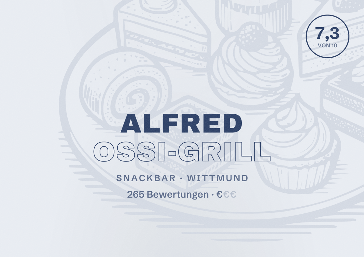 Illustriertes Poster von Alfred Ossi-Grill, Snackbar in Wittmund: Bewertung 7,3 von 10 aus 265 Bewertungen, Preisniveau €