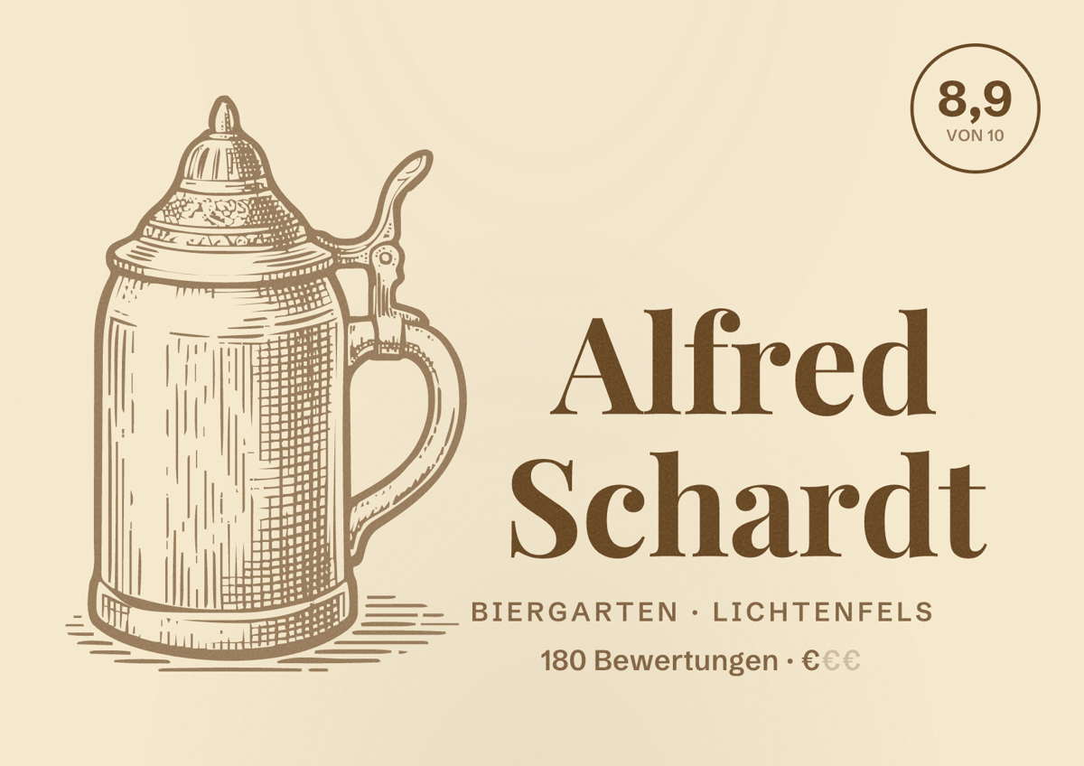 Illustriertes Poster von Alfred Schardt, Biergarten in Lichtenfels: Bewertung 8,9 von 10 aus 180 Bewertungen, Preisniveau €