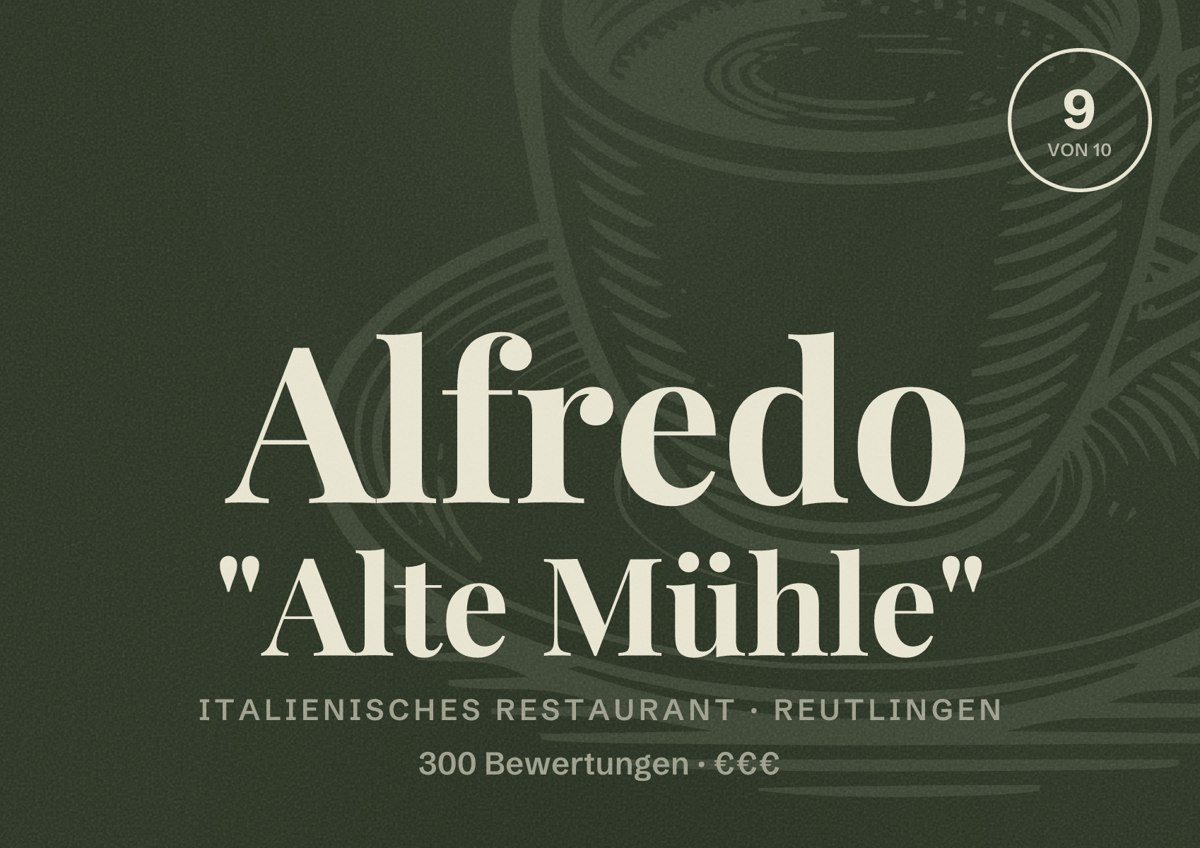 Illustriertes Poster von Alfredo "Alte Mühle", Italienisches Restaurant in Reutlingen: Bewertung 9 von 10 aus 300 Bewertungen, Preisniveau €€€