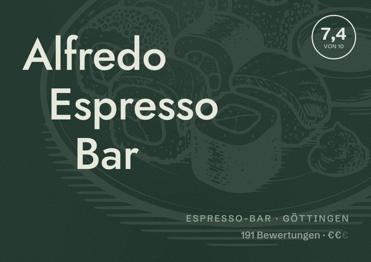 Illustriertes Poster von Alfredo Espresso Bar, Espresso-Bar in Göttingen: Bewertung 7,4 von 10 aus 191 Bewertungen, Preisniveau €€