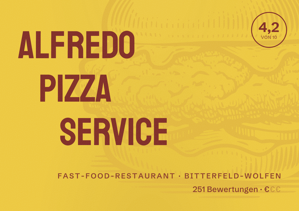 Illustriertes Poster von Alfredo Pizza Service, Fast-Food-Restaurant in Bitterfeld-Wolfen: Bewertung 4,2 von 10 aus 251 Bewertungen, Preisniveau €