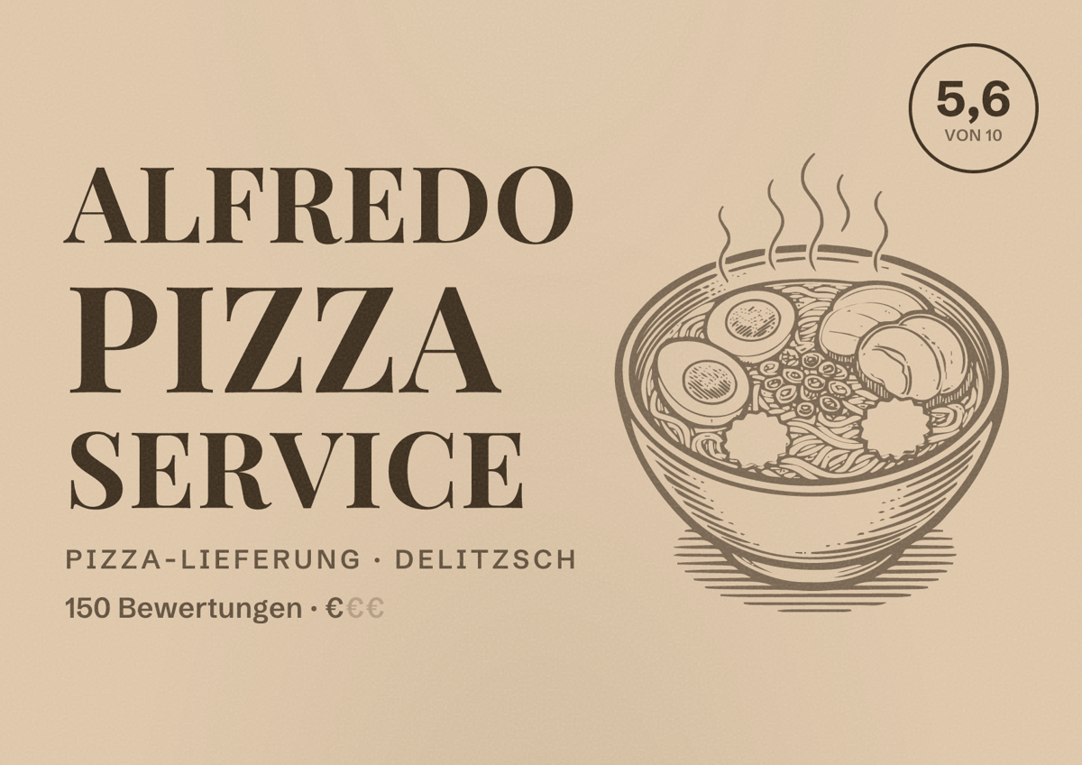 Illustriertes Poster von Alfredo Pizza Service, Pizza-Lieferung in Delitzsch: Bewertung 5,6 von 10 aus 150 Bewertungen, Preisniveau €