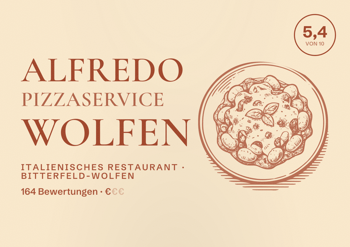 Illustriertes Poster von Alfredo Pizzaservice Wolfen, Italienisches Restaurant in Bitterfeld-Wolfen: Bewertung 5,4 von 10 aus 164 Bewertungen, Preisniveau €