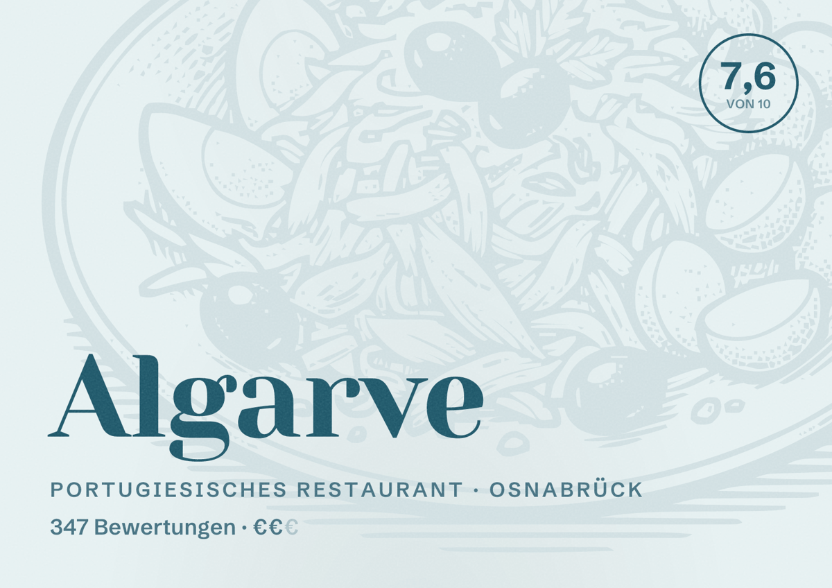 Illustriertes Poster von Algarve, Portugiesisches Restaurant in Osnabrück: Bewertung 7,6 von 10 aus 347 Bewertungen, Preisniveau €€
