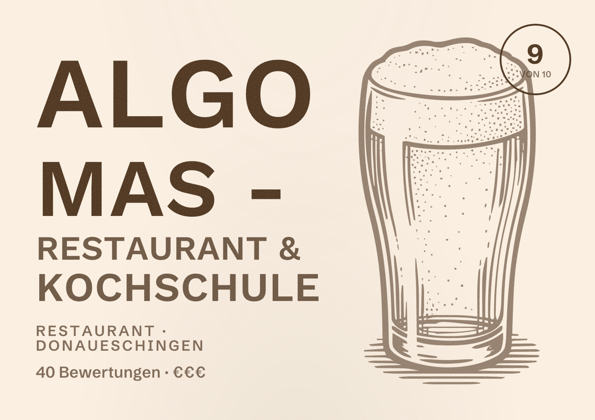 Illustriertes Poster von Algo Mas - Restaurant & Kochschule, Restaurant in Donaueschingen: Bewertung 9 von 10 aus 40 Bewertungen, Preisniveau €€€