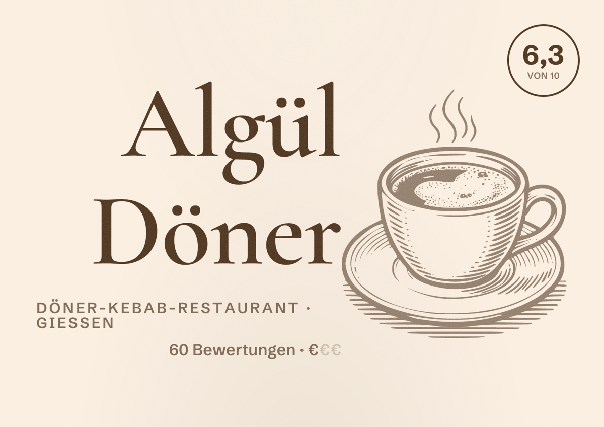 Illustriertes Poster von Algül Döner, Döner-Kebab-Restaurant in Gießen: Bewertung 6,3 von 10 aus 60 Bewertungen, Preisniveau €