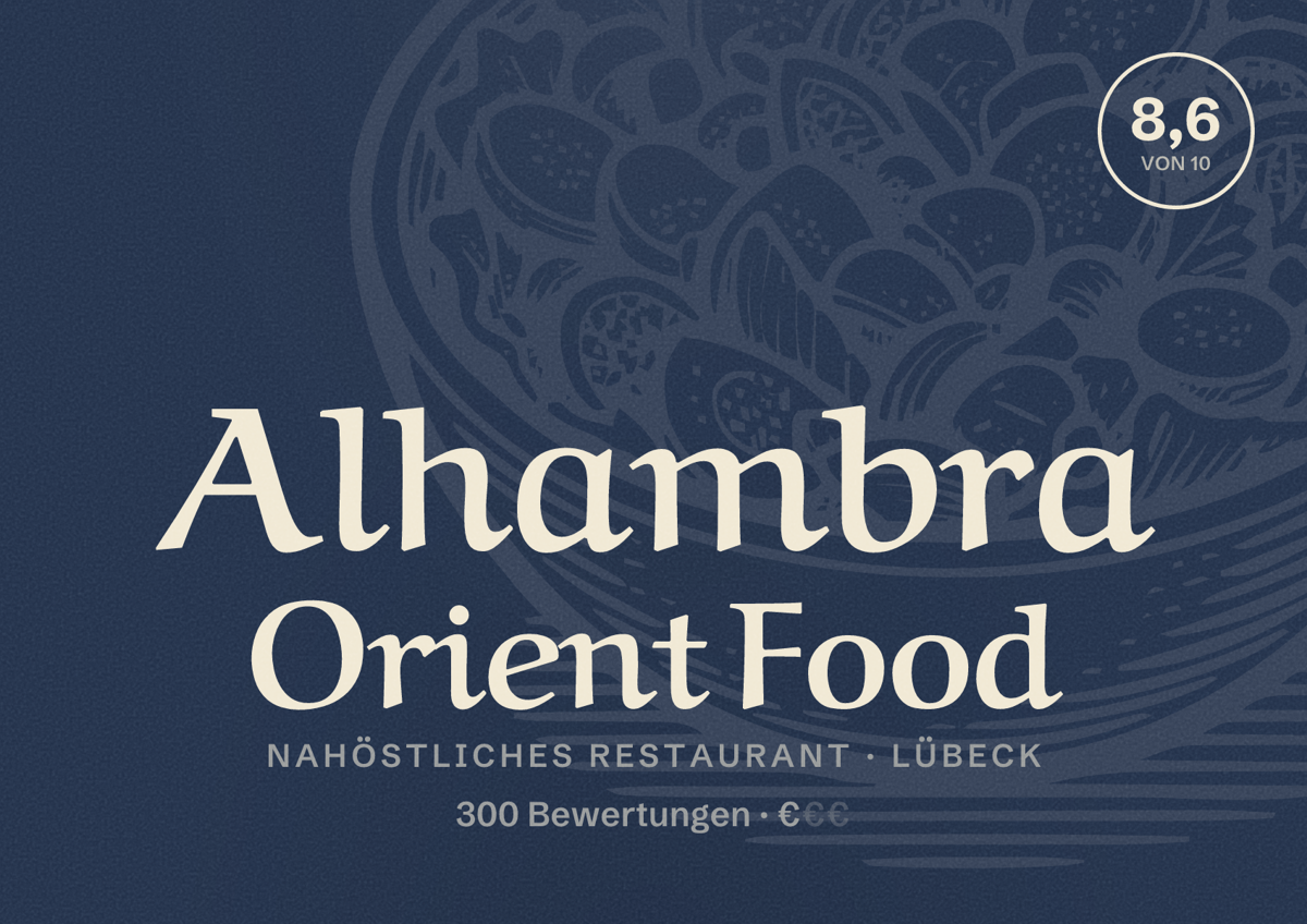 Illustriertes Poster von Alhambra Orient Food, Nahöstliches Restaurant in Lübeck: Bewertung 8,6 von 10 aus 300 Bewertungen, Preisniveau €