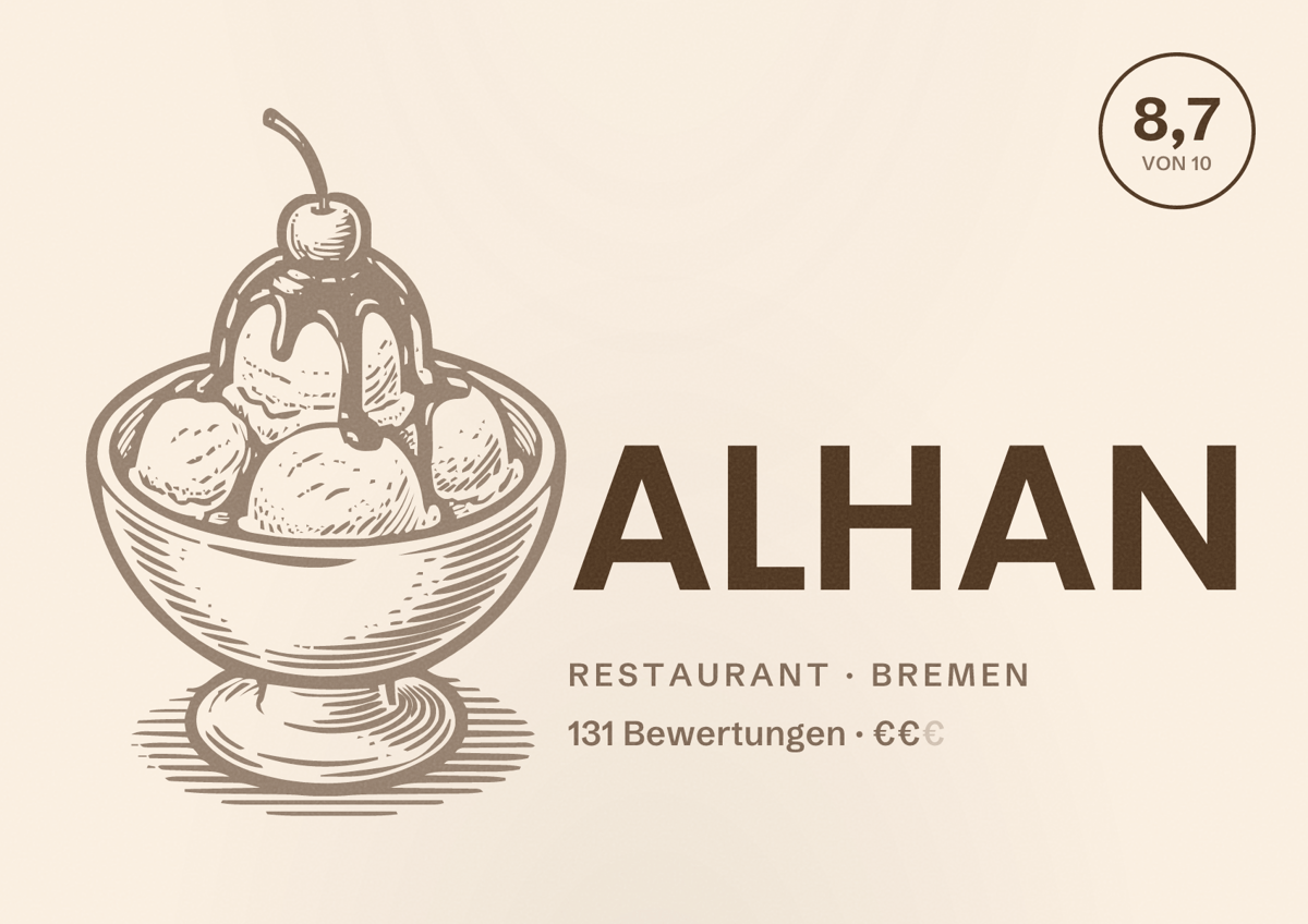 Illustriertes Poster von ALHAN, Restaurant in Bremen: Bewertung 8,7 von 10 aus 131 Bewertungen, Preisniveau €€