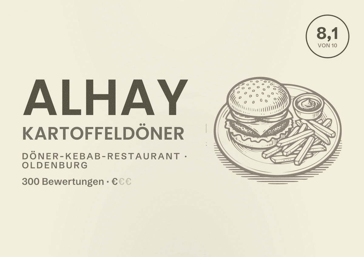 Illustriertes Poster von ALHAY KARTOFFELDÖNER, Döner-Kebab-Restaurant in Oldenburg: Bewertung 8,1 von 10 aus 300 Bewertungen, Preisniveau €