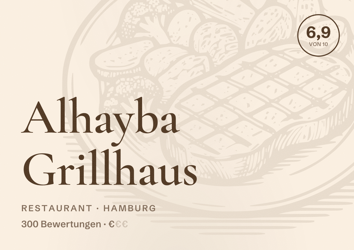Illustriertes Poster von Alhayba Grillhaus, Restaurant in Hamburg: Bewertung 6,9 von 10 aus 300 Bewertungen, Preisniveau €