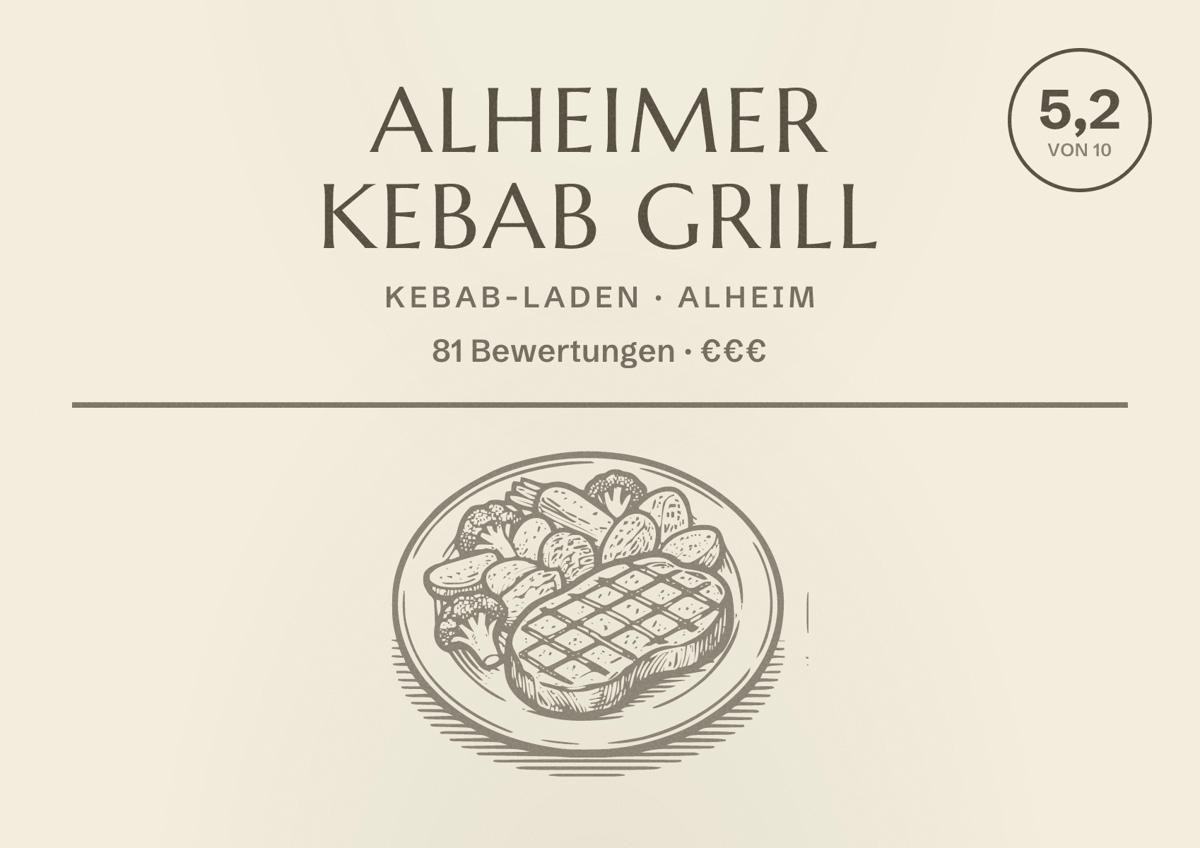 Illustriertes Poster von Alheimer Kebab Grill, Kebab-Laden in Alheim: Bewertung 5,2 von 10 aus 81 Bewertungen, Preisniveau €€€