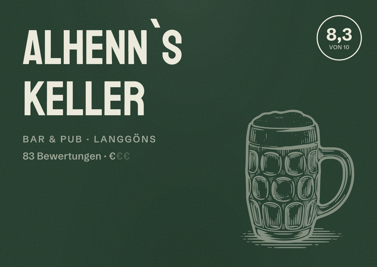 Illustriertes Poster von Alhenn`s Keller, Bar & Pub in Langgöns: Bewertung 8,3 von 10 aus 83 Bewertungen, Preisniveau €