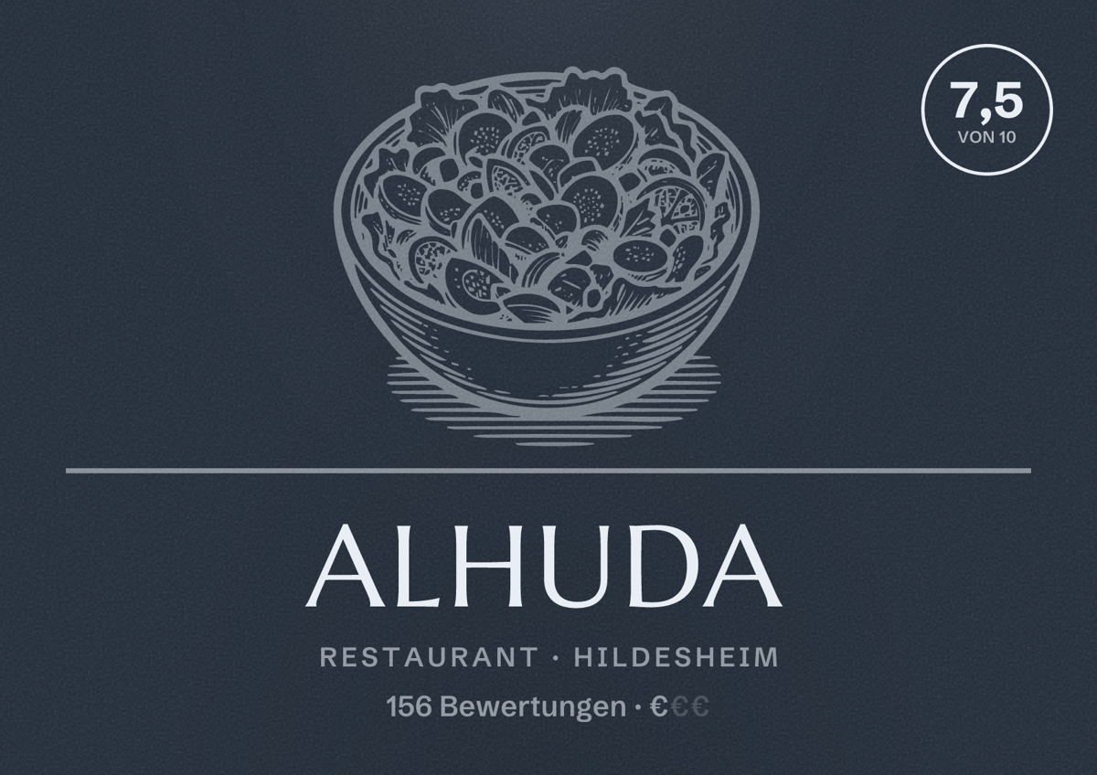 Illustriertes Poster von ALHUDA, Restaurant in Hildesheim: Bewertung 7,5 von 10 aus 156 Bewertungen, Preisniveau €