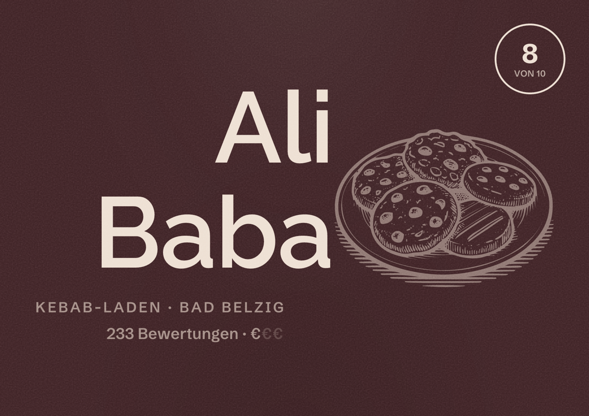 Illustriertes Poster von Ali Baba, Kebab-Laden in Bad Belzig: Bewertung 8 von 10 aus 233 Bewertungen, Preisniveau €