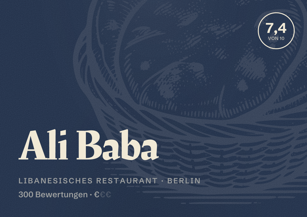 Illustriertes Poster von Ali Baba, Libanesisches Restaurant in Berlin: Bewertung 7,4 von 10 aus 300 Bewertungen, Preisniveau €