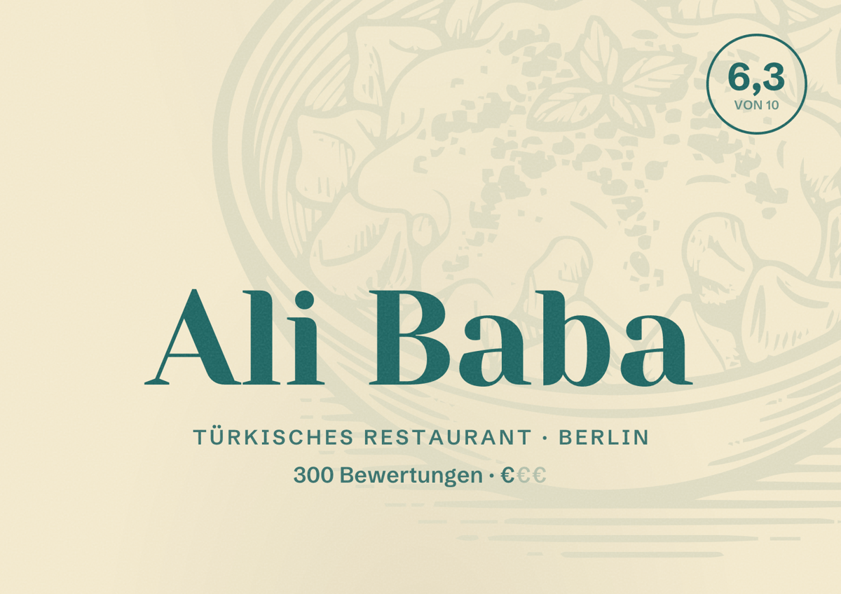Illustriertes Poster von Ali Baba, Türkisches Restaurant in Berlin: Bewertung 6,3 von 10 aus 300 Bewertungen, Preisniveau €