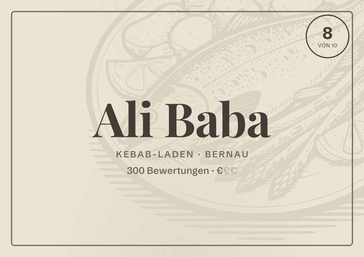 Illustriertes Poster von Ali Baba, Kebab-Laden in Bernau: Bewertung 8 von 10 aus 300 Bewertungen, Preisniveau €