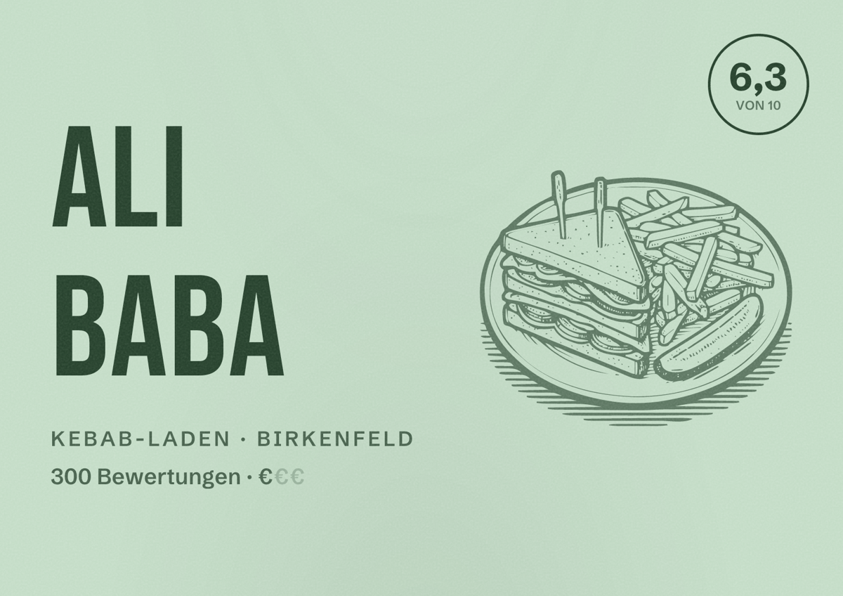 Illustriertes Poster von Ali Baba, Kebab-Laden in Birkenfeld: Bewertung 6,3 von 10 aus 300 Bewertungen, Preisniveau €