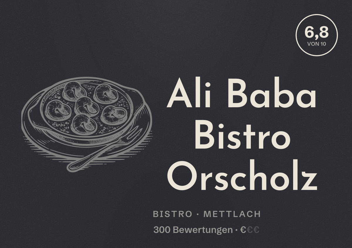 Illustriertes Poster von Ali Baba Bistro Orscholz, Bistro in Mettlach: Bewertung 6,8 von 10 aus 300 Bewertungen, Preisniveau €