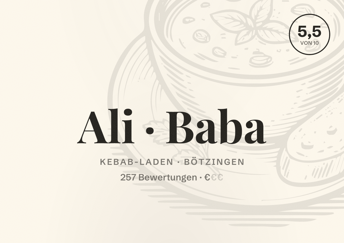 Illustriertes Poster von Ali Baba, Kebab-Laden in Bötzingen: Bewertung 5,5 von 10 aus 257 Bewertungen, Preisniveau €