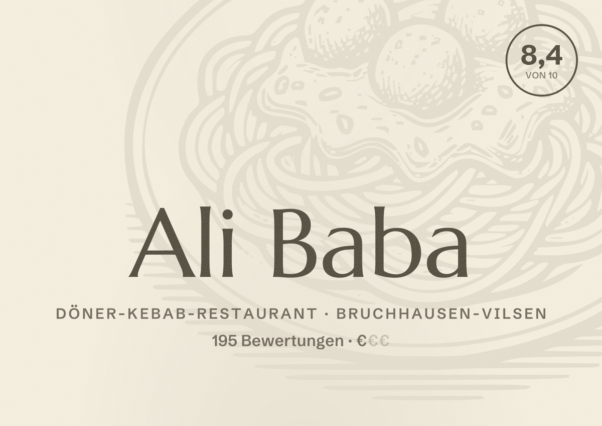 Illustriertes Poster von Ali Baba, Döner-Kebab-Restaurant in Bruchhausen-Vilsen: Bewertung 8,4 von 10 aus 195 Bewertungen, Preisniveau €