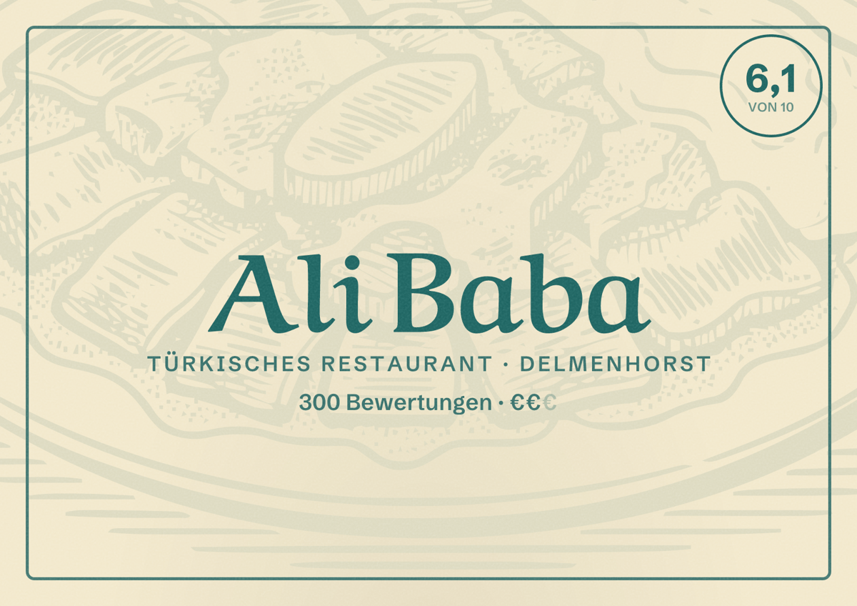 Illustriertes Poster von Ali Baba, Türkisches Restaurant in Delmenhorst: Bewertung 6,1 von 10 aus 300 Bewertungen, Preisniveau €€